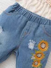 嬰兒挖肩上衣和花卉刺繡破洞毛邊緣牛仔褲 - 藍白色 - 查看 3