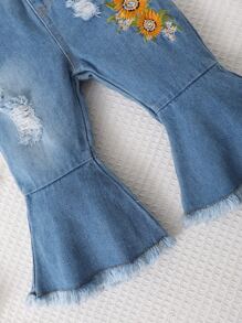 嬰兒挖肩上衣和花卉刺繡破洞毛邊緣牛仔褲 - 藍白色 - 查看 6