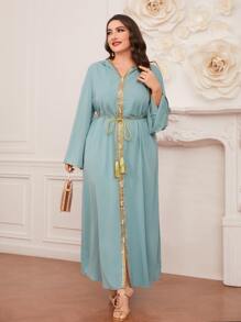 Al Najma 大碼拼接邊珍珠細節繫腰帶連衣裙 - 青碧色 - 查看 3
