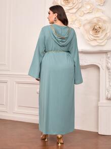 Al Najma 大碼拼接邊珍珠細節繫腰帶連衣裙 - 青碧色 - 查看 4