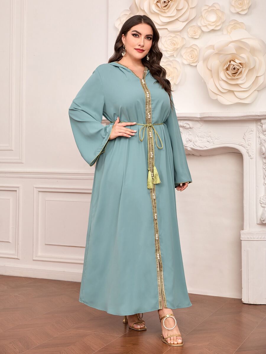 Al Najma 大碼拼接邊珍珠細節繫腰帶連衣裙 - 青碧色 - 查看 1