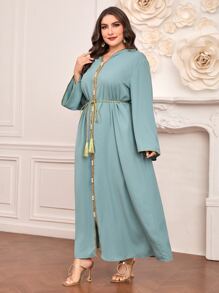 Al Najma 大碼拼接邊珍珠細節繫腰帶連衣裙 - 青碧色 - 查看 2