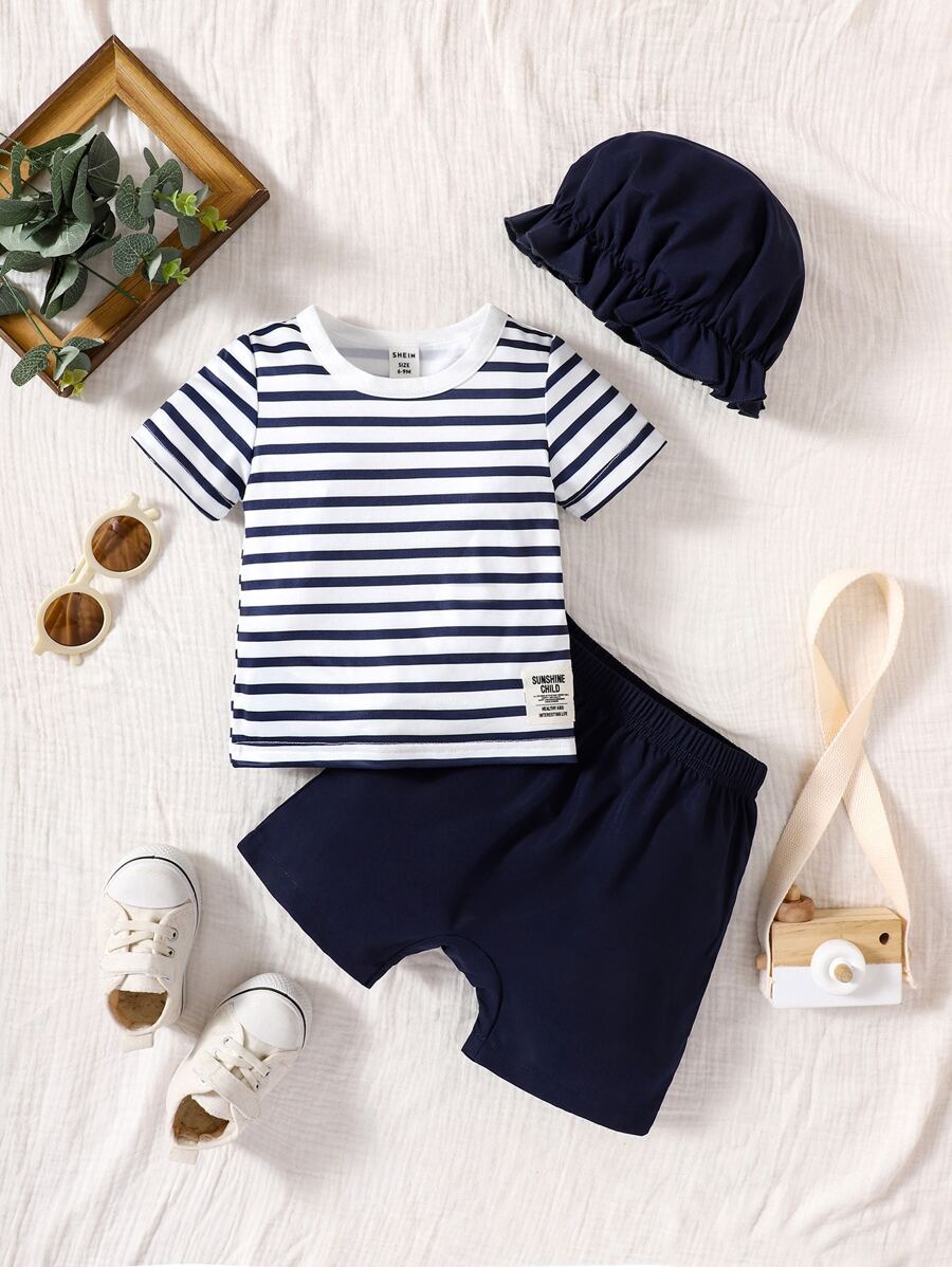 Baby Slogan Patched Detail Striped Print Tee & Shorts - Blue and White - View 1