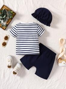 Baby Slogan Patched Detail Striped Print Tee & Shorts - Blue and White - View 2