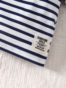 Baby Slogan Patched Detail Striped Print Tee & Shorts - Blue and White - View 3