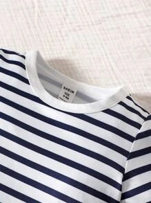 Baby Slogan Patched Detail Striped Print Tee & Shorts - Blue and White - View 4