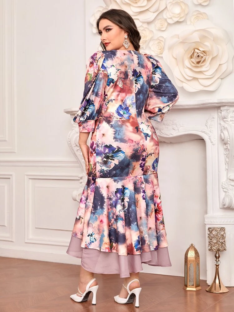 Modelyn Plus Floral Print Mermaid Hem Dress - Multicolor - View 3