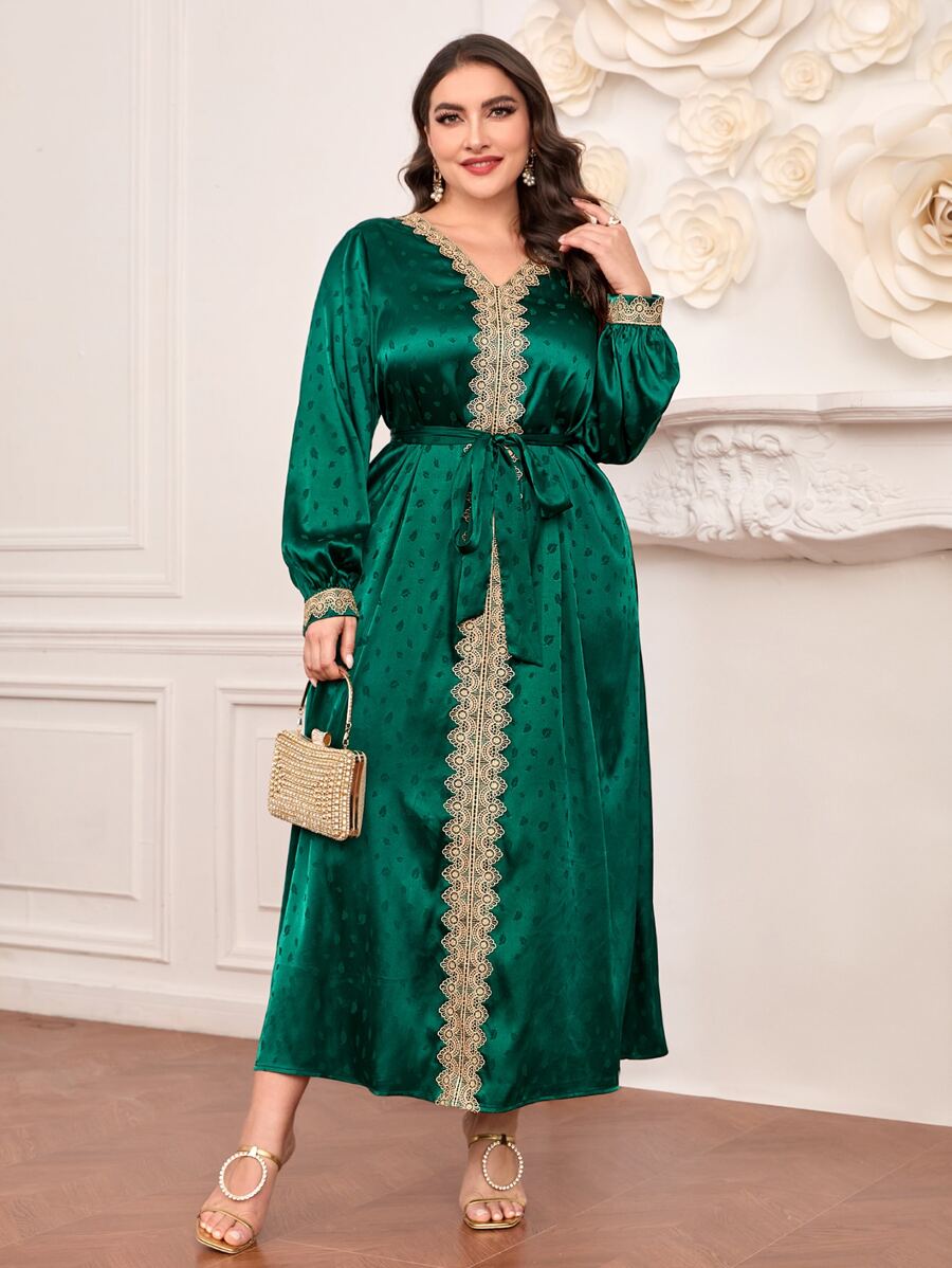Al Najma Plus Guipure Lace Appliques Belted Satin Dress - Green - View 1