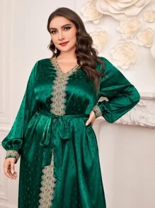 Al Najma Plus Guipure Lace Appliques Belted Satin Dress - Green - View 5