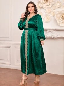 Al Najma Plus Guipure Lace Appliques Belted Satin Dress - Green - View 2