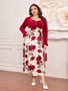 Modelyn Plus Floral Print Ruched Velvet Dress - Multicolor - View 1
