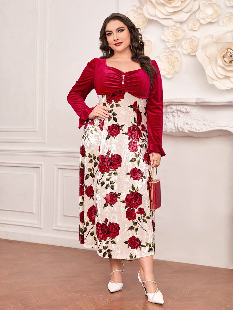 Modelyn Plus Floral Print Ruched Velvet Dress - Multicolor - View 1
