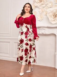 Modelyn Plus Floral Print Ruched Velvet Dress - Multicolor - View 4