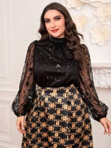 Modelyn Plus Contrast Sequin Lace Lantern Sleeve Top - Black - View 2