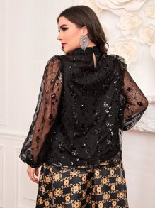 Modelyn Plus Contrast Sequin Lace Lantern Sleeve Top - Black - View 3