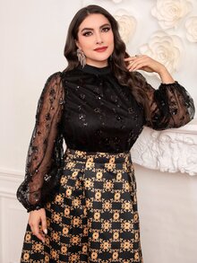 Modelyn Plus Contrast Sequin Lace Lantern Sleeve Top - Black - View 4