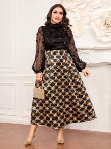 Modelyn Plus Contrast Sequin Lace Lantern Sleeve Top - Black - View 5