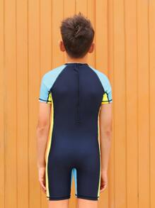 Boys Tropical Print Colorblock One Piece Swimsuit - Navy Blue - View 2