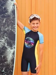 Boys Tropical Print Colorblock One Piece Swimsuit - Navy Blue - View 4