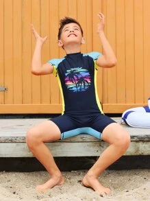 Boys Tropical Print Colorblock One Piece Swimsuit - Navy Blue - View 5