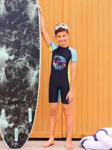 Boys Tropical Print Colorblock One Piece Swimsuit - Navy Blue - View 6