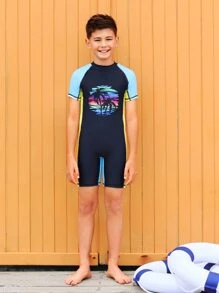 Boys Tropical Print Colorblock One Piece Swimsuit - Navy Blue - View 7