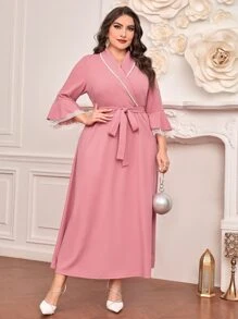 Modelyn 加大花边蕾丝花边荷叶边袖系带连衣裙长款晚礼服 - 藕粉色 - 查看 2