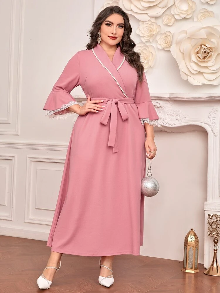 Plus Guipure Lace Trim Flounce Sleeve Belted Dress Long Evening Dresses