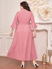 Modelyn 加大花边蕾丝花边荷叶边袖系带连衣裙长款晚礼服 - 藕粉色 - 查看 3