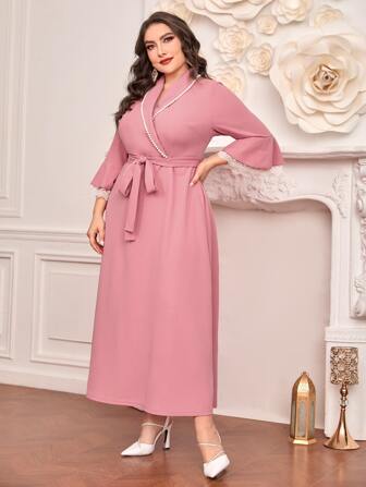 Modelyn Plus Guipure Lace Trim Flounce Sleeve Belted Dress Long Evening Dresses