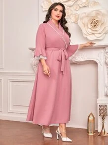 Modelyn 加大花边蕾丝花边荷叶边袖系带连衣裙长款晚礼服 - 藕粉色 - 查看 4