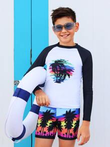 Boys Tropical Print High Neck Beach Swimsuit - Multicolor - View 4