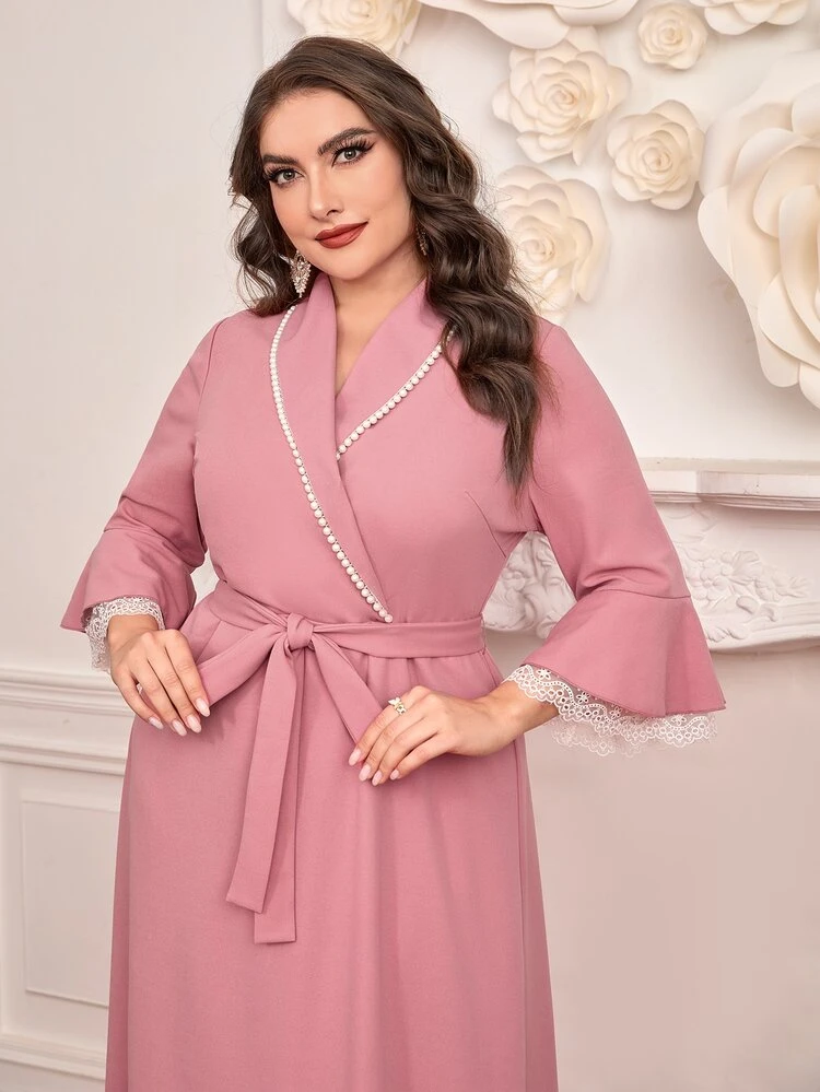 Plus Guipure Lace Trim Flounce Sleeve Belted Dress Long Evening Dresses