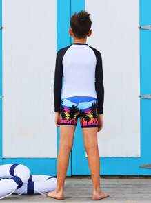 Boys Tropical Print High Neck Beach Swimsuit - Multicolor - View 5