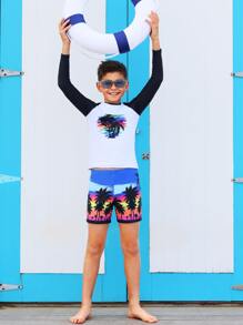 Boys Tropical Print High Neck Beach Swimsuit - Multicolor - View 6