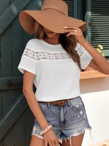 SHEIN VCAY Guipure Lace Insert Tee - White - View 1