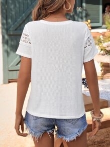 SHEIN VCAY Guipure Lace Insert Tee - White - View 2