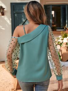 SHEIN Clasi Contrast Dobby Mesh Sleeve Asymmetrical Neck Blouse - Mint Green - View 2