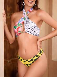 SHEIN Swim Floral Print Cross Halter Summer Beach Bikini Set - Multicolor - View 4
