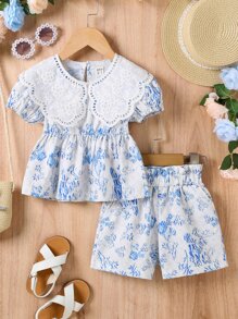 SHEIN 小女童印花拼接水溶蕾絲花邊下擺上衣和短褲 - 藍白色 - 查看 1