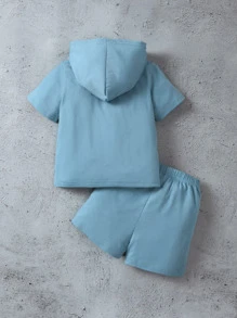 SHEIN meninos da criança Camiseta & shorts bolso canguru cncapuzado
