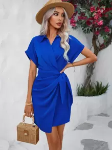 SHEIN Clasi 蝙蝠袖圍裹側打結洋裝 - 寶藍色 - 查看 5