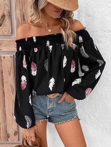 SHEIN VCAY Feather Print Off Shoulder Lantern Sleeve Blouse - Black - View 2