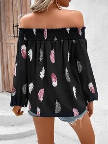 SHEIN VCAY Feather Print Off Shoulder Lantern Sleeve Blouse - Black - View 3