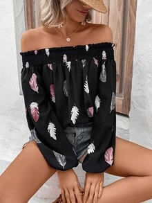 SHEIN VCAY Feather Print Off Shoulder Lantern Sleeve Blouse - Black - View 4
