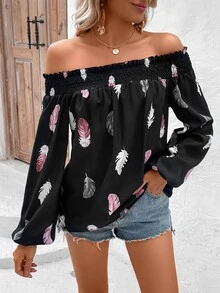 SHEIN VCAY Feather Print Off Shoulder Lantern Sleeve Blouse - Black - View 5