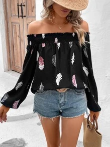 SHEIN VCAY Feather Print Off Shoulder Lantern Sleeve Blouse - Black - View 1