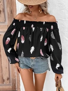 SHEIN VCAY Feather Print Off Shoulder Lantern Sleeve Blouse - Black - View 6
