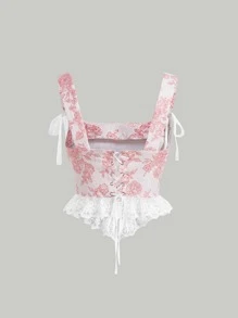 SHEIN MOD Floral Print Tie Front Wide Straps Top - Pink - View 2