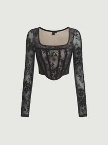 SHEIN MOD Floral Print Square Neck Crop Top - Black - View 1